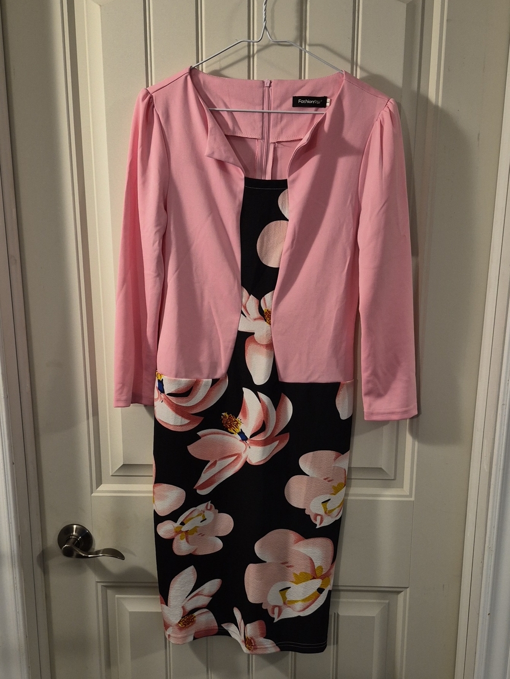Pink Jacket Over Floral Black Sheath Dress All One Piece